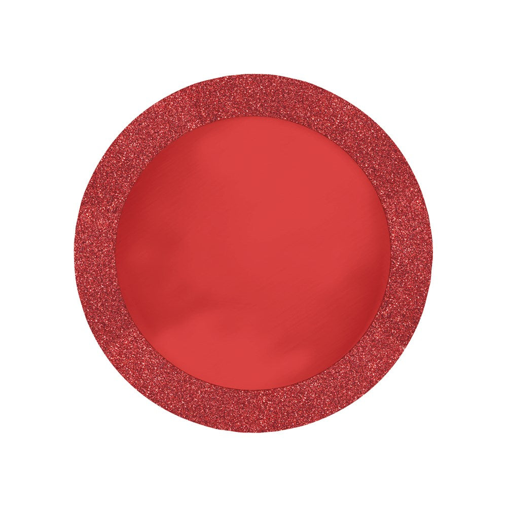 Round red placemat with a 14-inch diameter and wide glittery border.