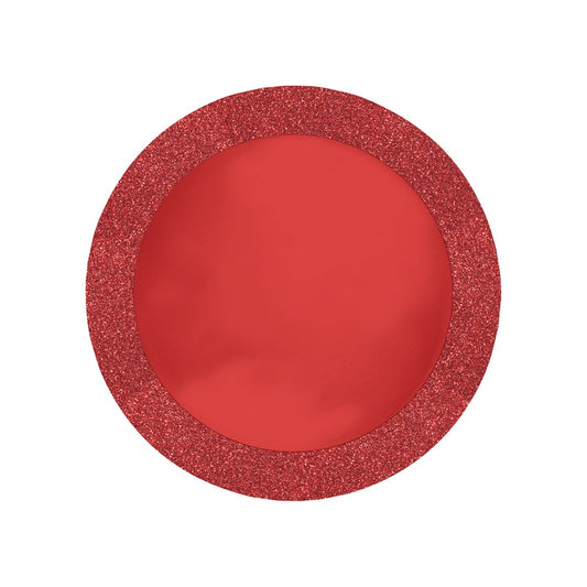 Round red placemat with a 14-inch diameter and wide glittery border.