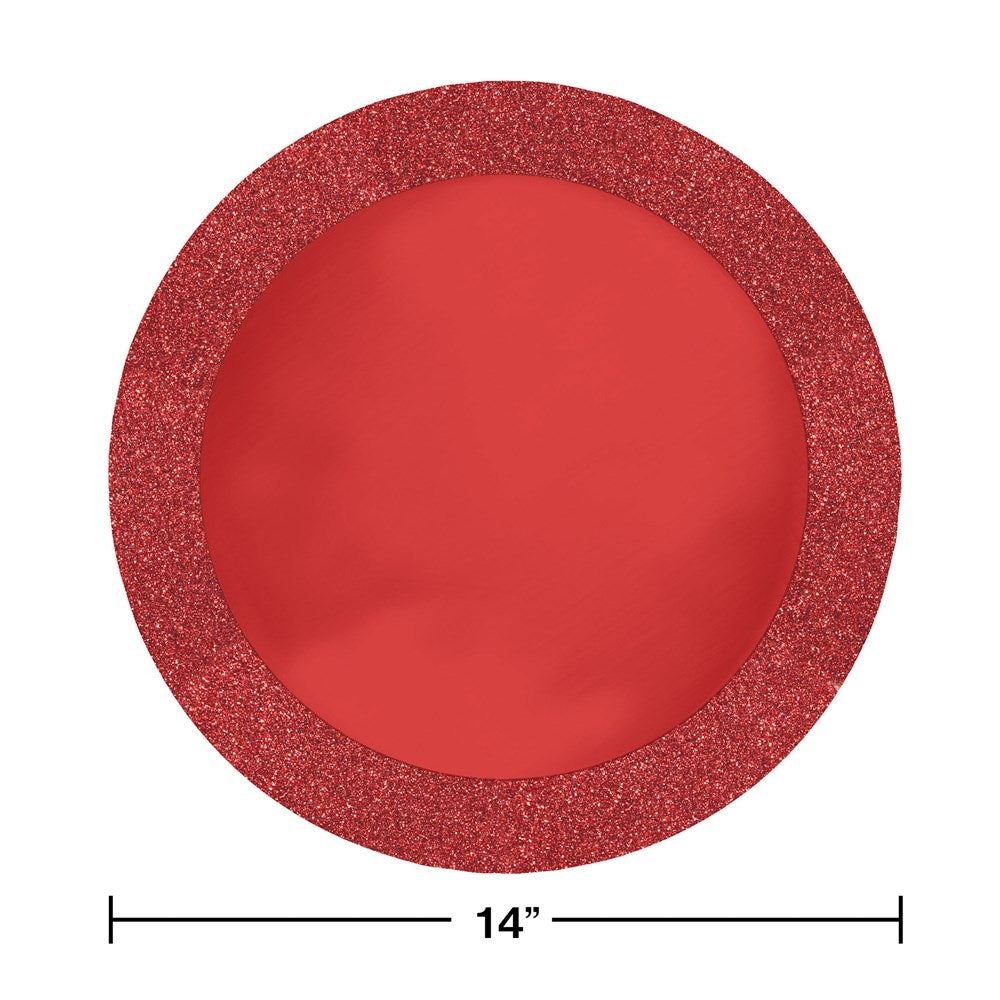 Round red placemat with 14-inch diameter, featuring a wide glittery border and smooth center.