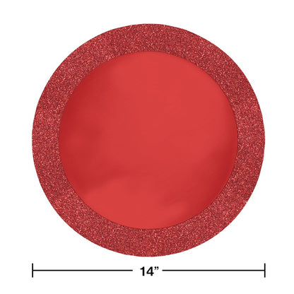 Round red placemat with 14-inch diameter, featuring a wide glittery border and smooth center.