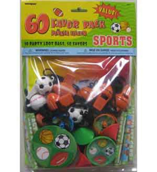 Colorful sports-themed party favors including soccer balls, basketball whistles, and foam balls in bright orange, green, and