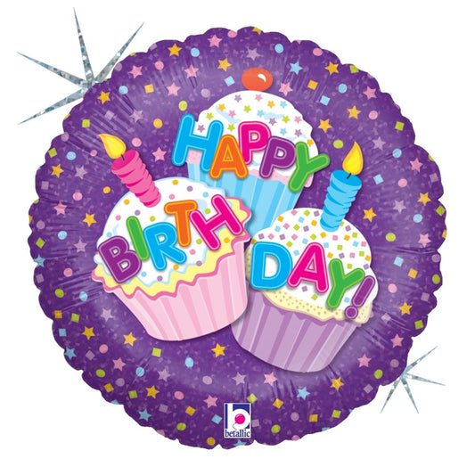 Betallic Happy Birthday Cupcake 18 inch Holographic Balloon 1ct