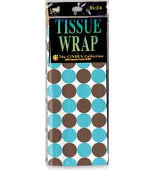 Pack of four tissue wrap sheets with 20x20 inch size, featuring brown and blue polka dots on white background.