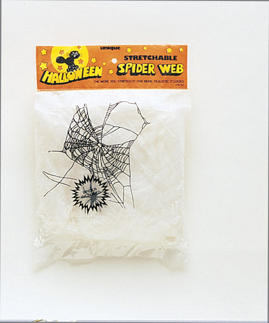 Stretchable white spider web decoration with a black spider, packaged in clear plastic with orange Halloween label.