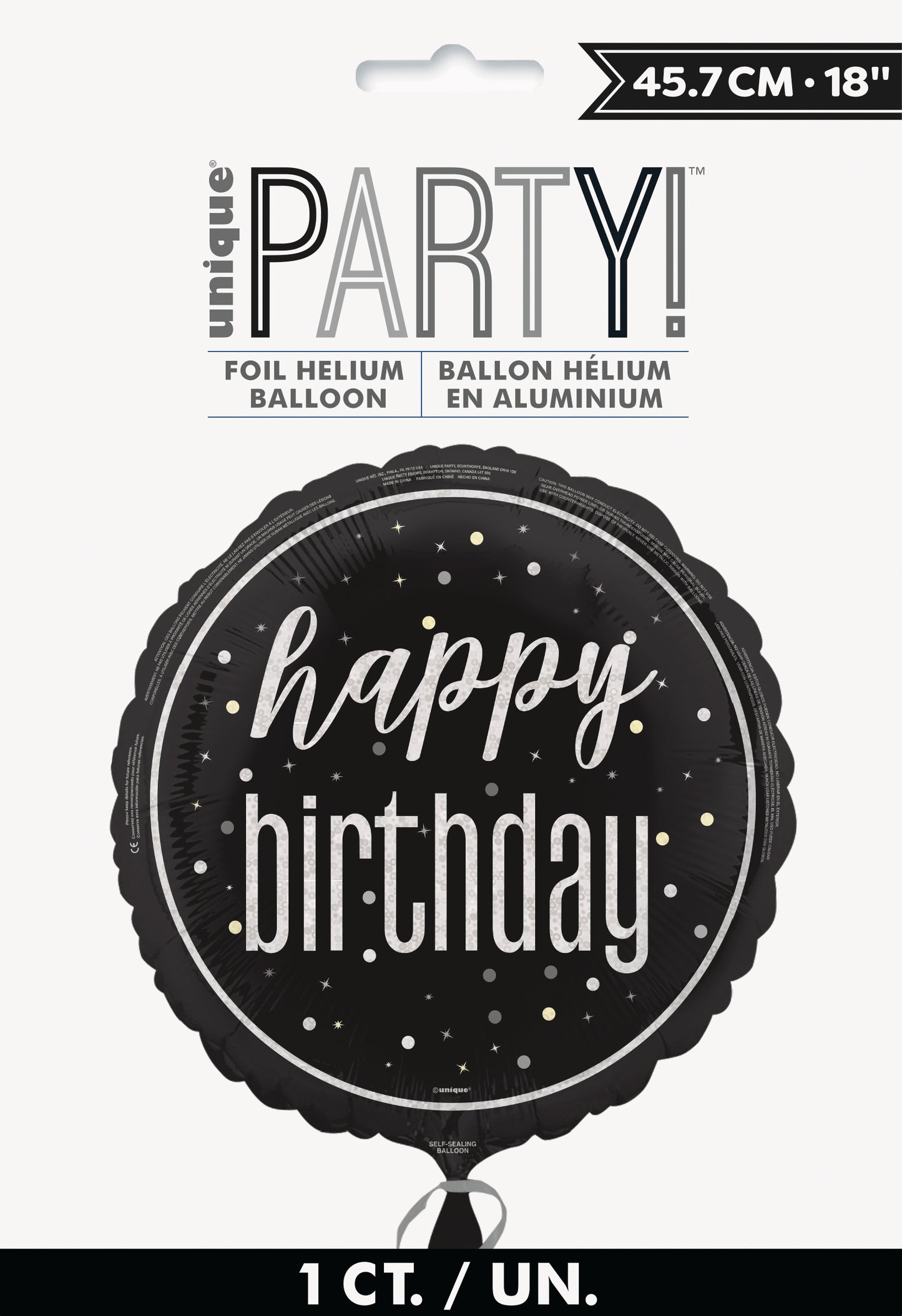 Black round foil balloon with white polka dots and "happy birthday" in elegant white script.