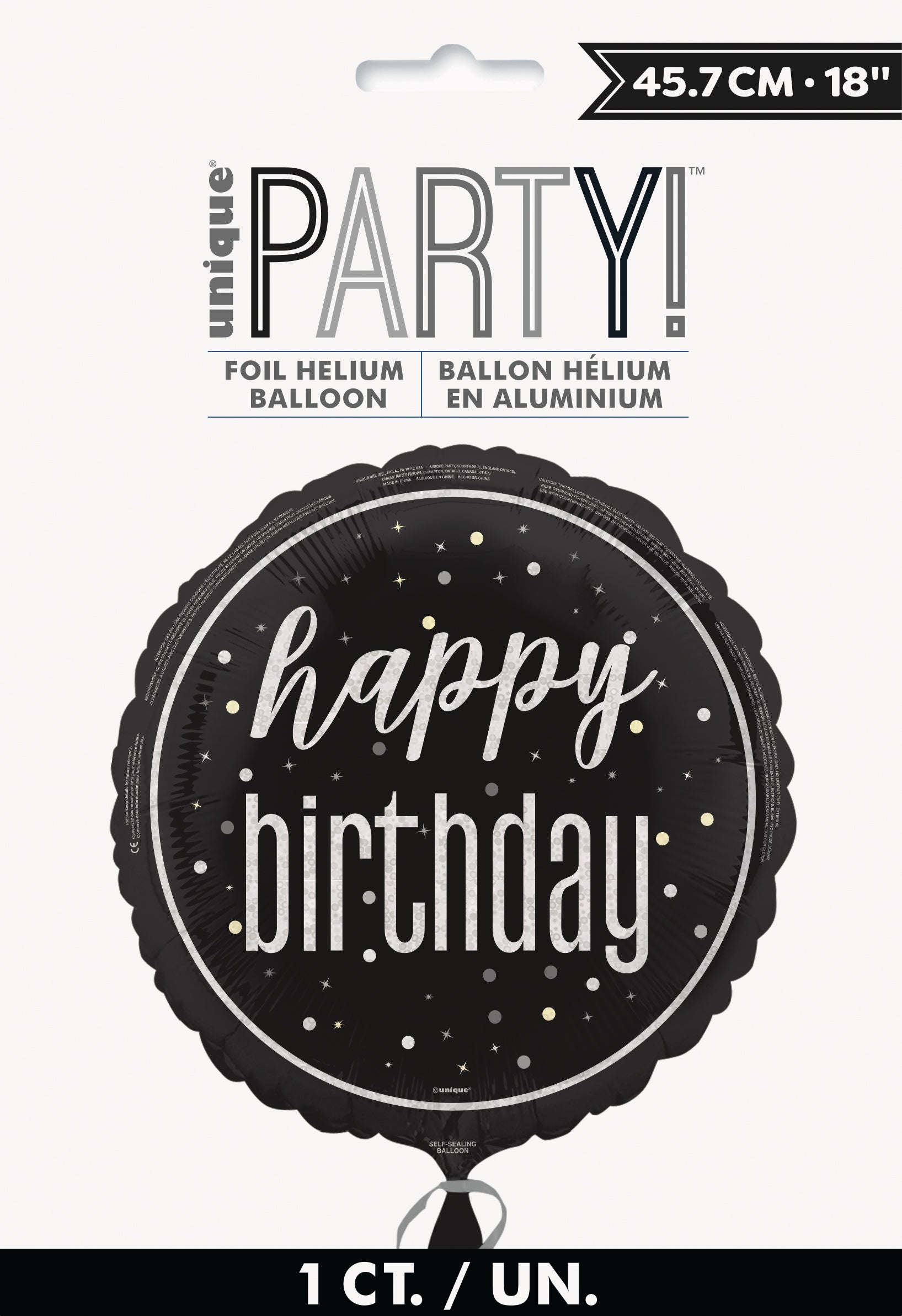 Black round foil balloon with white polka dots and "happy birthday" in elegant white script.