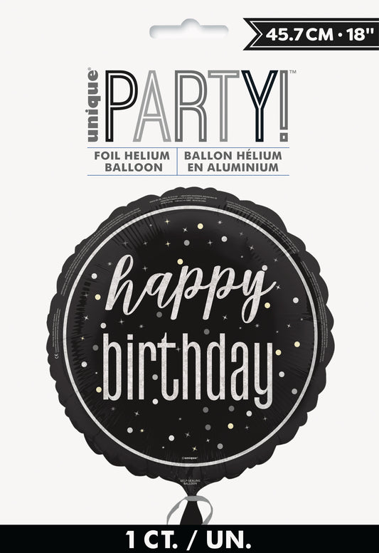 Black round foil balloon with white polka dots and "happy birthday" in elegant white script.