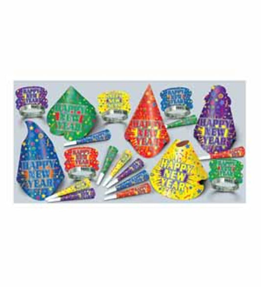 Colorful New Year party hats and noise makers in various shapes with festive holiday messages.