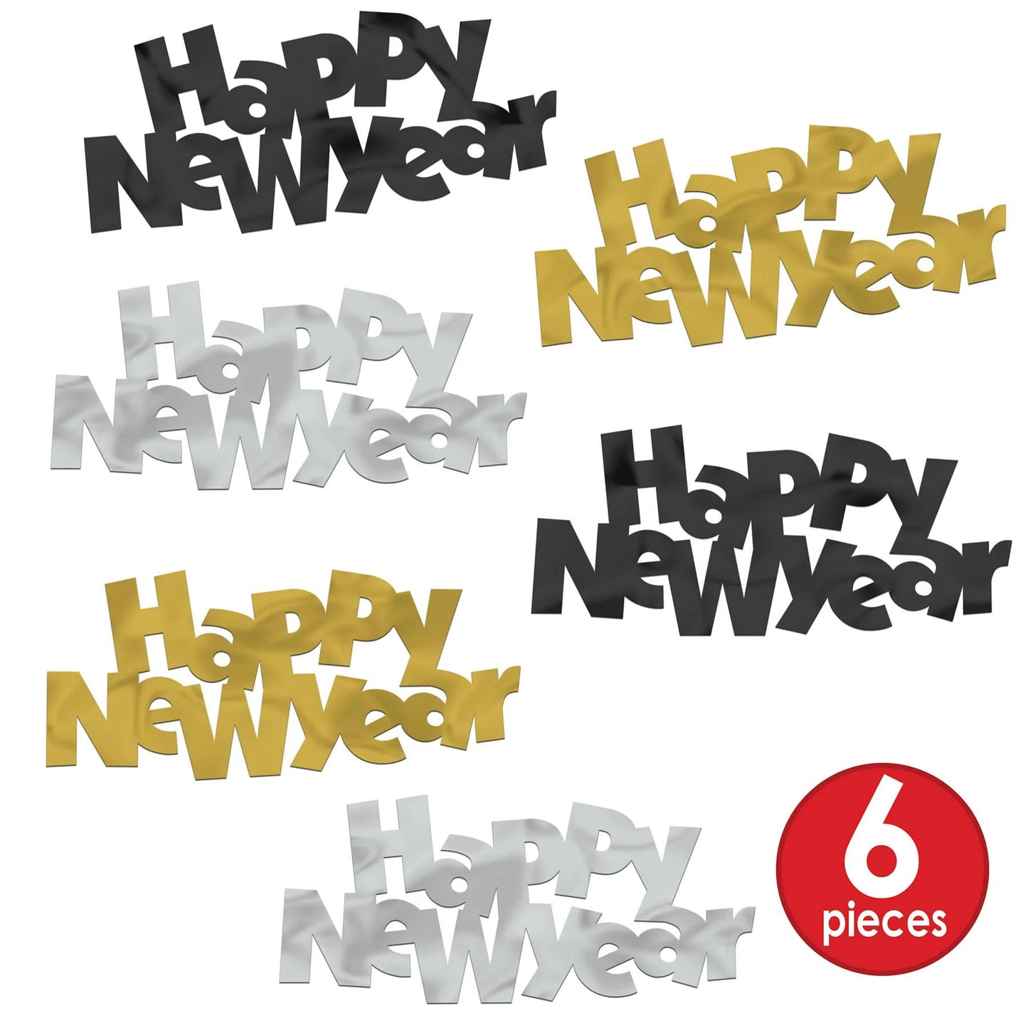 Assorted Jumbo Happy New Year confetti in black, gold, and silver, six pieces with bold block letters.