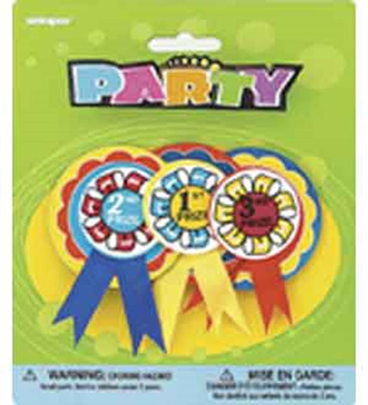 Set of three colorful prize ribbons with "1st," "2nd," and "3rd" place labels, blue, yellow, and red tails.
