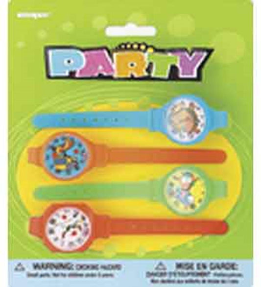 Set of four colorful plastic puzzle watches with round faces and adjustable straps in blue, orange, and green.