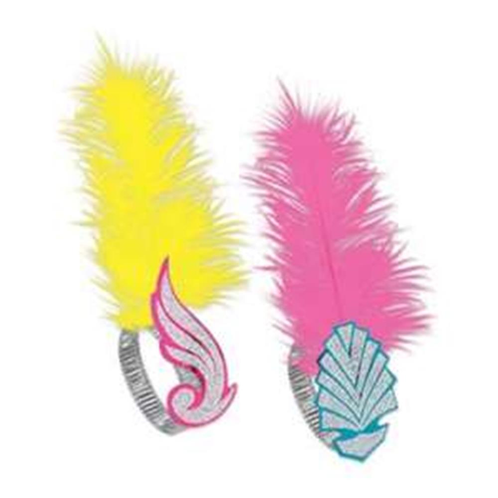 Two glittery headbands with large feathers; one yellow feather with pink wing decoration, one pink feather with blue art.