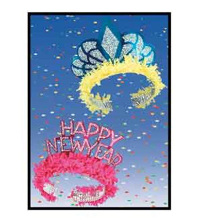 Silver glitter tiara with yellow trim and pink “Happy New Year” headband with pink feathers and confetti background.