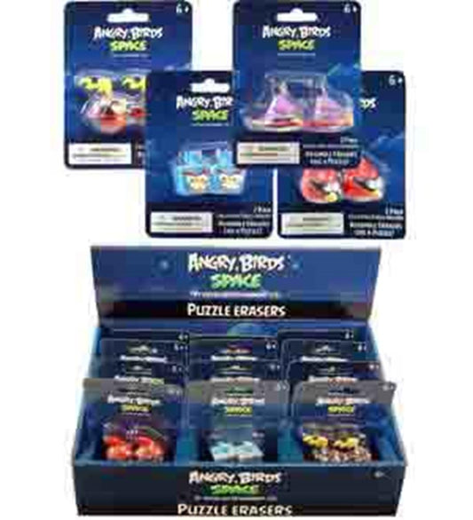 Collection of colorful Angry Birds Space-themed puzzle erasers in packaging with blue space background and character images.