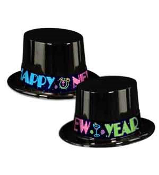 Two glossy black plastic top hats decorated with colorful "Happy New Year" text and festive icons in neon blue, pink, and.