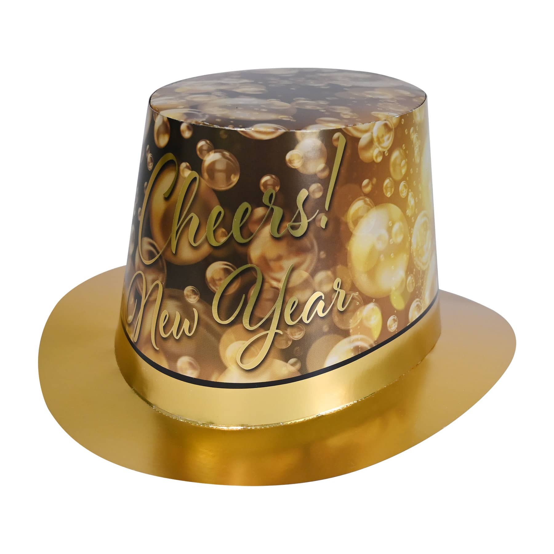 Gold metallic New Year party hat with "Cheers! New Year" text and bubbly champagne design.