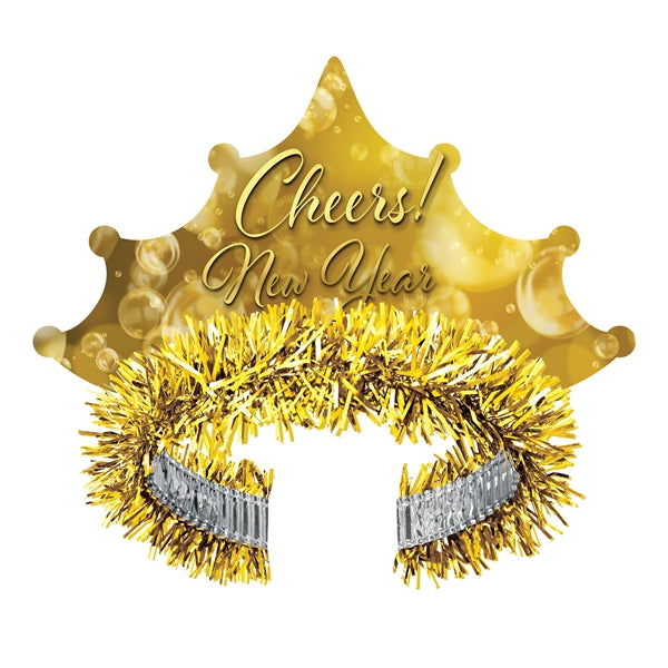 Gold crown-shaped tiara with "Cheers! New Year" text and glittery gold tinsel band.
