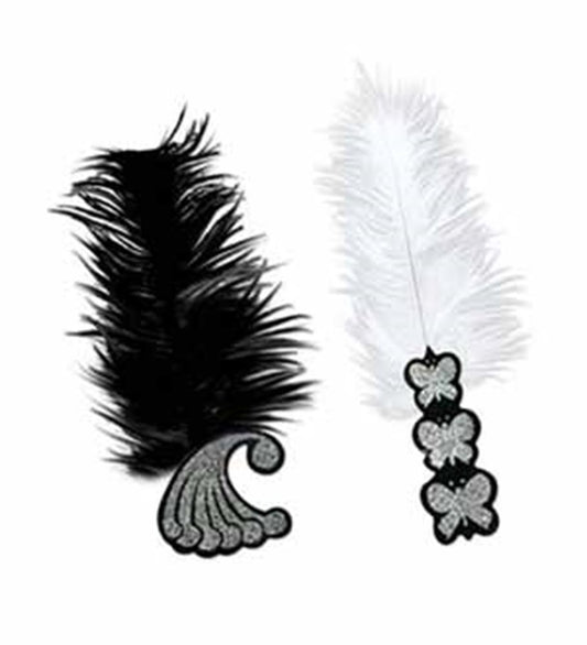 Black feather tiara with silver glitter swirl and white feather tiara with three silver glitter flowers.