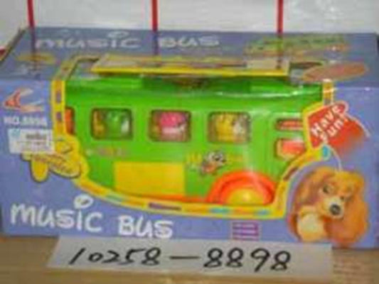 Colorful green and yellow toy bus party favor with small windows and cartoon dog graphic on packaging.