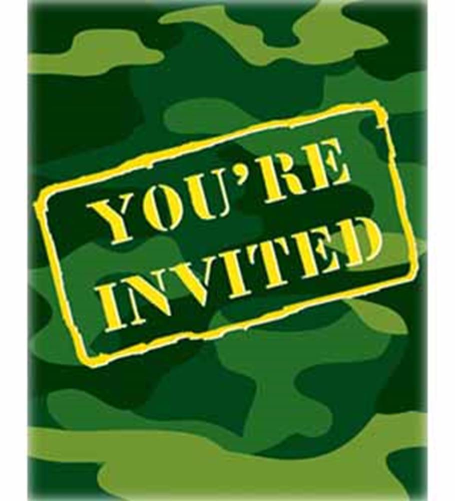 Set of 8 camouflage-themed party invitations with "YOU'RE INVITED" in bold yellow text.