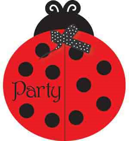 Red ladybug-shaped gatefold invitation with black spots, antennae, and a polka dot bowtie, featuring the word "Party" on the