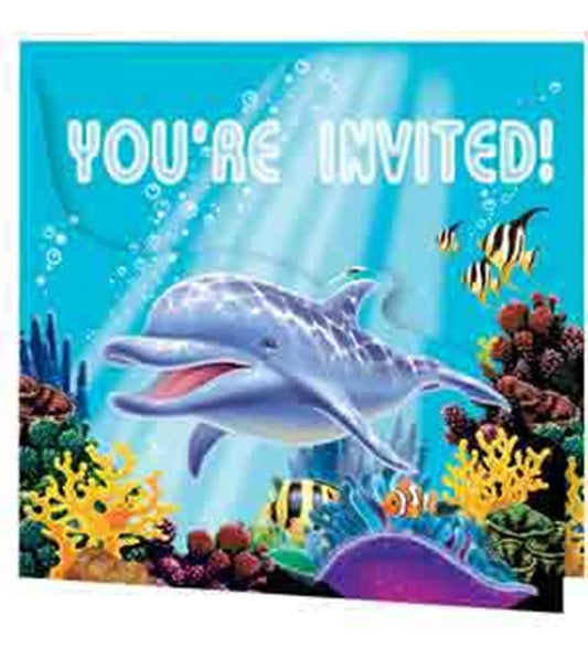 Ocean-themed birthday invitation with playful dolphin, colorful coral, and vibrant fish on bright blue background.