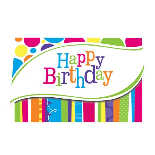 Colorful birthday invitation with multicolored polka dots, stripes, and "Happy Birthday" text in playful fonts.