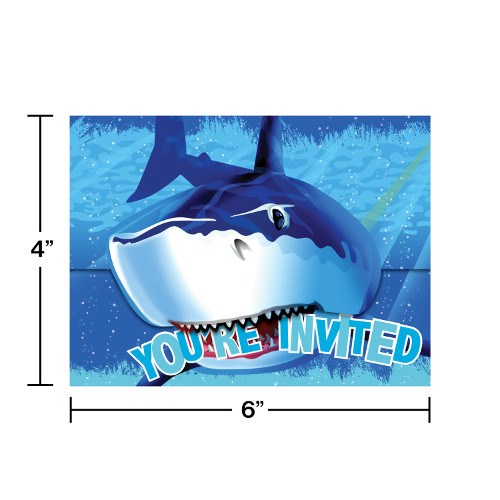 Rectangular shark-themed invitation with a blue ocean background and "You're Invited" text in colorful letters.