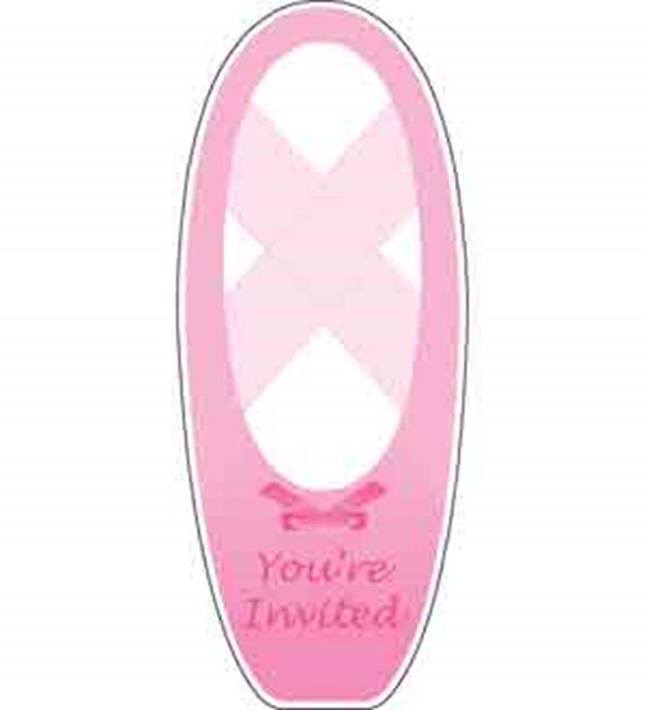 Pink ballet slipper-shaped invitation with crossed ribbon details and "You're Invited" text in glittery pink font.
