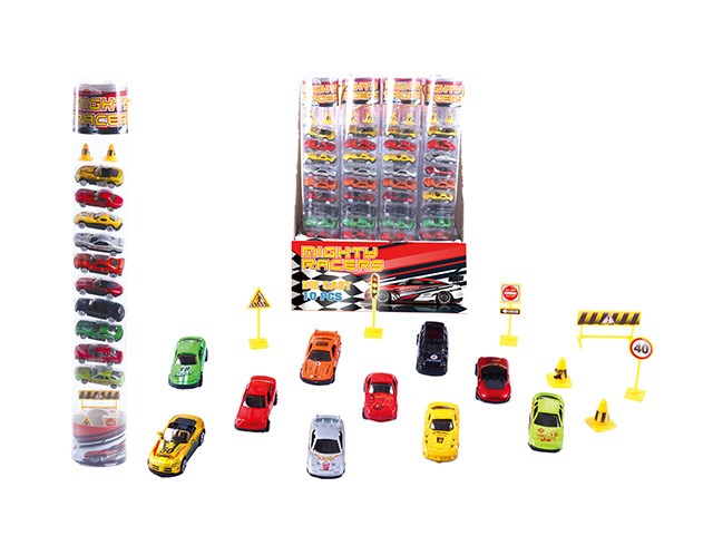 Clear plastic tube containing 24 colorful die-cast toy cars with 8 cars and 4 miniature traffic signs displayed outside.