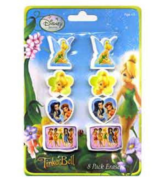 Set of eight small Tinkerbell-themed erasers featuring colorful fairy and character designs in various shapes.