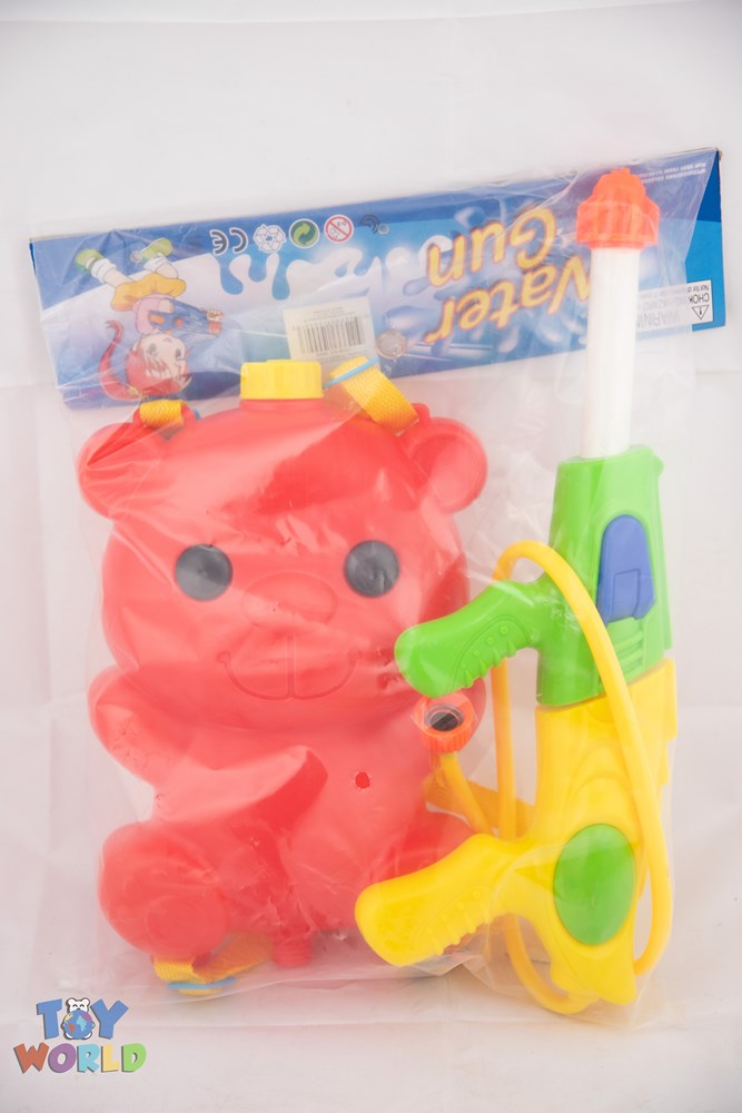 Red bear-shaped water container with black eyes attached to yellow and white water gun with green trigger and nozzle.