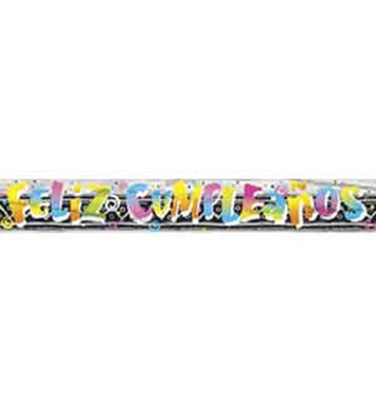 Colorful foil Feliz Cumpleanos balloon banner with a mix of bright pink, yellow, blue, and white letters on a silver.