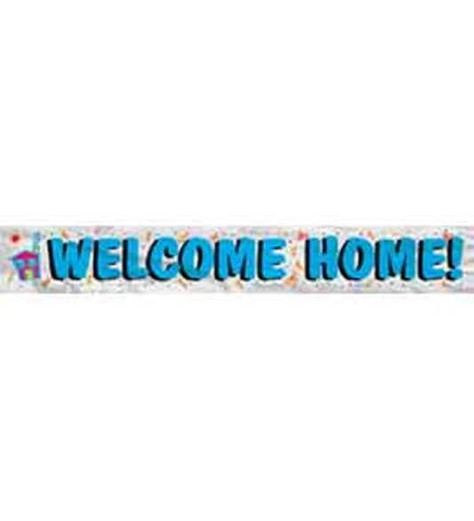 Colorful "Welcome Home!" banner with large blue letters and decorative confetti on a white background.