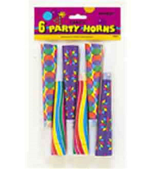Six colorful party horns with rainbow stripes and confetti patterns in clear packaging labeled "6 Party Horns".
