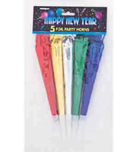 Set of five metallic party horns in red, gold, silver, green, and blue, packaged with "Happy New Year" label.
