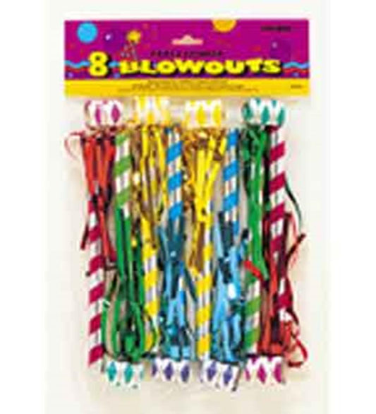 Eight colorful metallic party blowouts with fringed ends in red, green, blue, gold, and purple packaging.