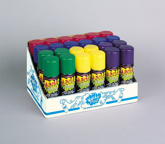 Colorful cans of wacky string in green, red, yellow, blue, and purple arranged in a white display box with playful graphics.