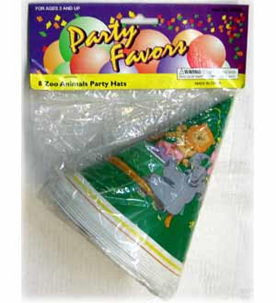 Green cone-shaped party hats with colorful cartoon zoo animals and white elastic chin straps, pack of eight.