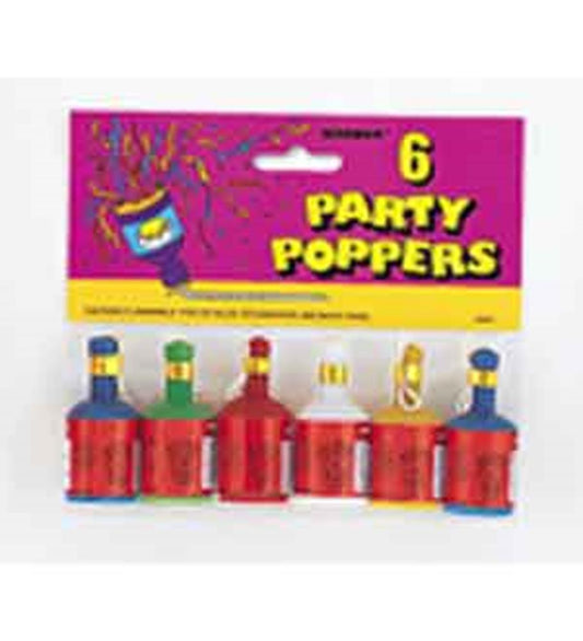Set of six colorful party poppers in red, green, yellow, and blue plastic casings with pull rings on top.