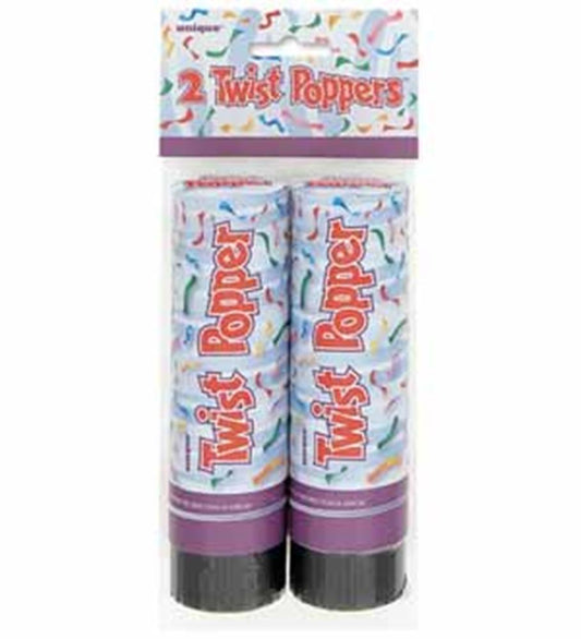 Two 6-inch party poppers with colorful confetti designs and "Twist Popper" text on white background packaging.