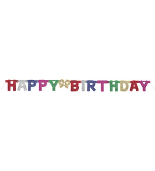 Colorful glittery letters spelling "HAPPY BIRTHDAY" in individual jointed cutouts with gold glitter scissors between words.