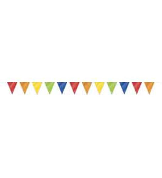 Colorful triangular pennant banner with alternating rainbow colors on a white string, 32 feet long.