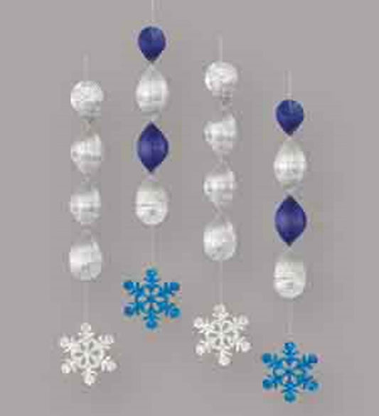 Blue and silver foil hanging decorations with white and blue snowflake accents, 18 inches long, set of four.