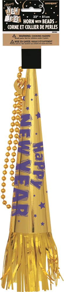 Gold metallic party horn with matching gold fringe and "Happy New Year" purple lettering, paired with gold bead necklaces.