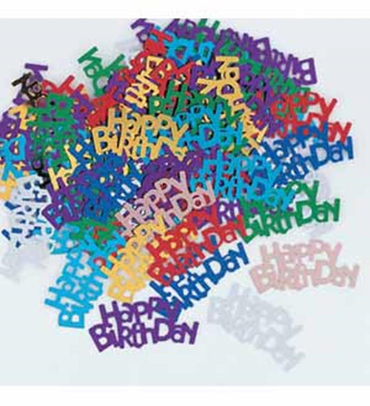 Multicolor confetti pieces spelling out "Happy Birthday" in various bright colors and fonts.