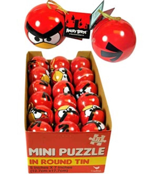 Red round tin puzzles featuring Angry Birds character faces, displayed in a cardboard tray.