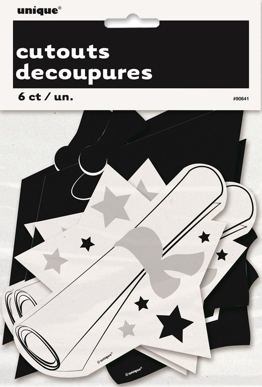 Six assorted black and white graduation-themed mini paper cutouts including stars and diploma scrolls.