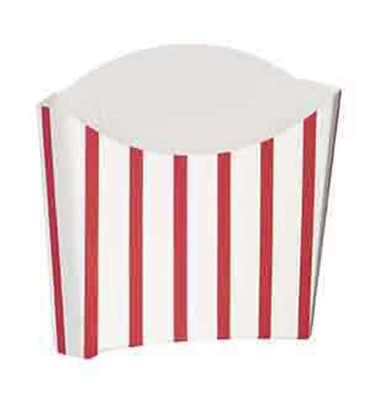 White paper snack container with vertical red stripes, curved top edge, and open top.