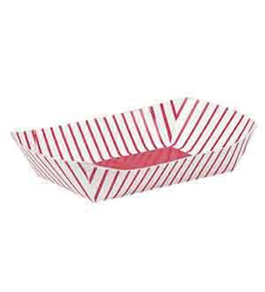 White rectangular paper snack tray with diagonal red stripes and a solid red base, set of four.